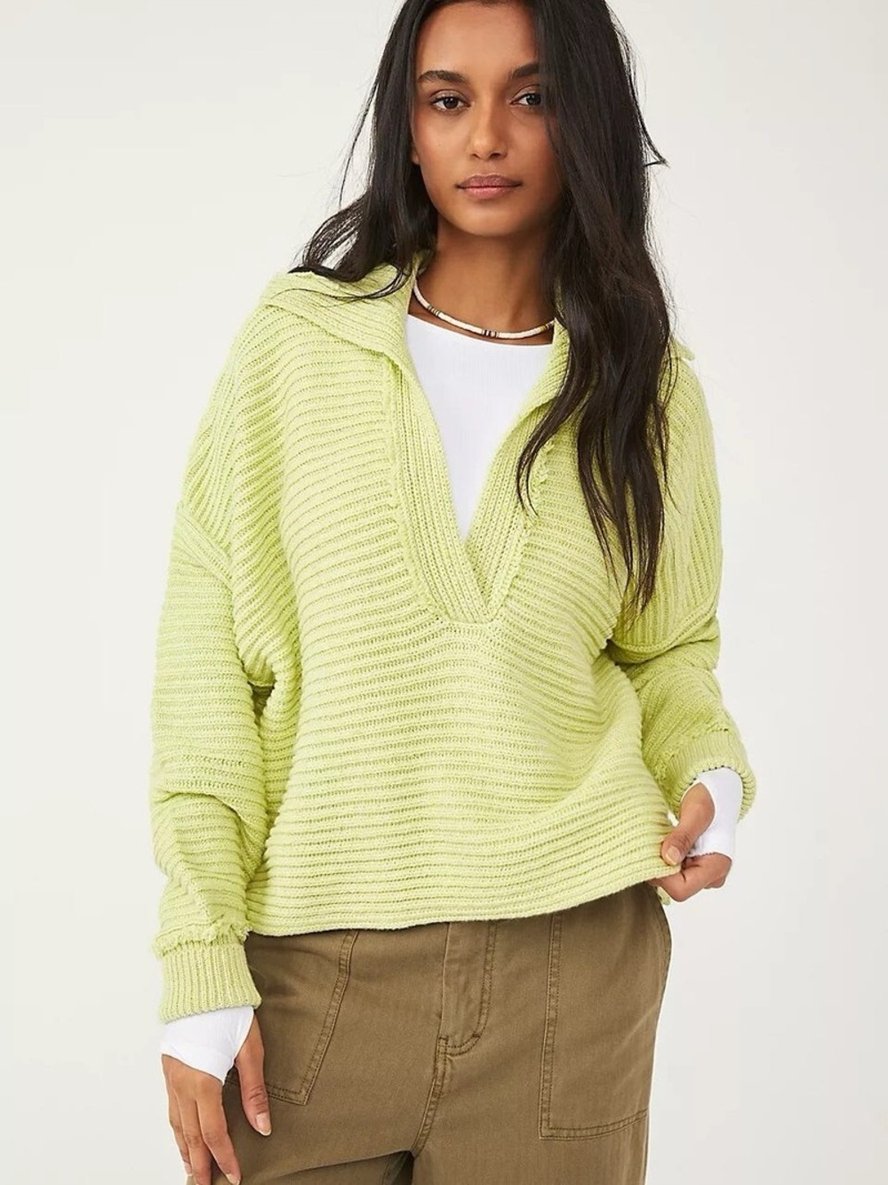 Free People Marlie Pullover Knit Sweater Lime Green Oversized Chunky Knit XS